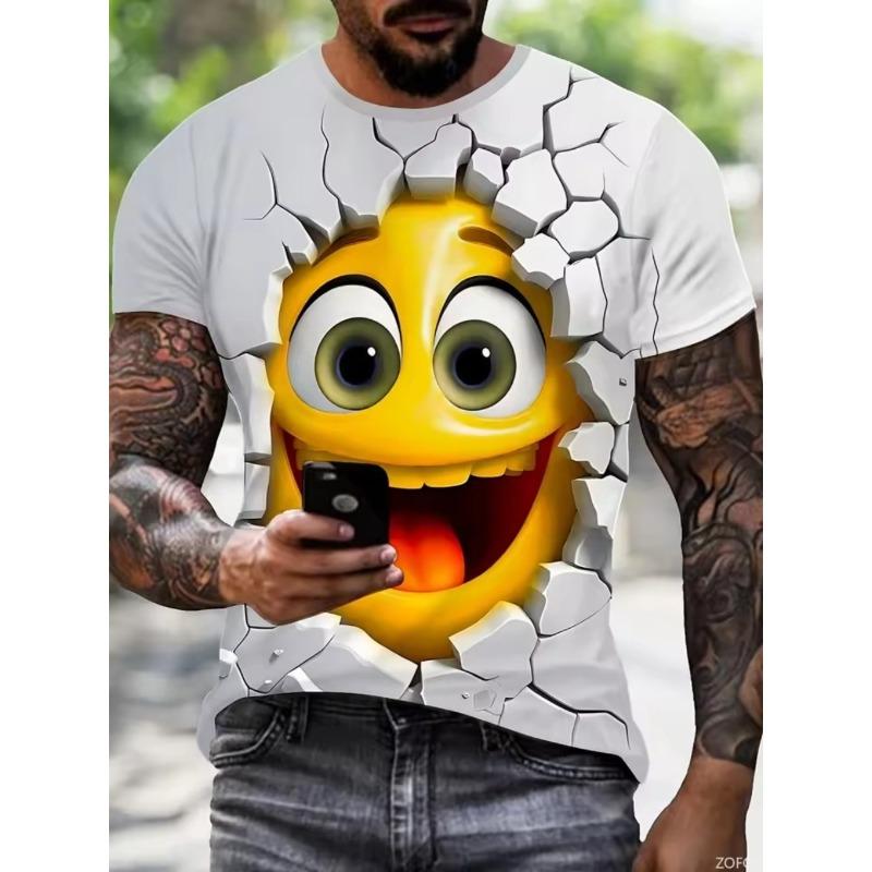 Men's Summer Plus Size Comfortable Casual 3D Unique Expression Printed T-shirt- Soft Medium Stretch Polyester Fabric Summer Mens Relaxed Fit Clothing