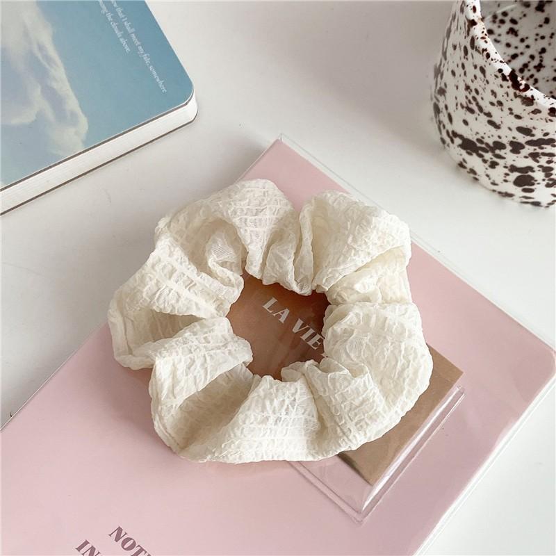 

Korean-Style Pleated Cream Bubble Yarn Plaid Solid Color Cute Sweet Hair Tie For Women Large Scrunchie Hair Accessory