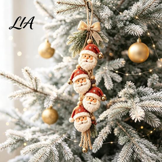 Hanging Santa Claus with Bows Wooden Ornament, 2D Flat Pattern Sign Jute Rustic Christmas Door Rope And Bell, Vintage Hanger for Front Door,