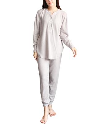 ON NISHIKI Long Sleeve Pajamas with Belly Top and Bottom Waffle Henley Long Loungewear Women's Wrap, Set, Spring/Autumn, Fabric, Stretch,