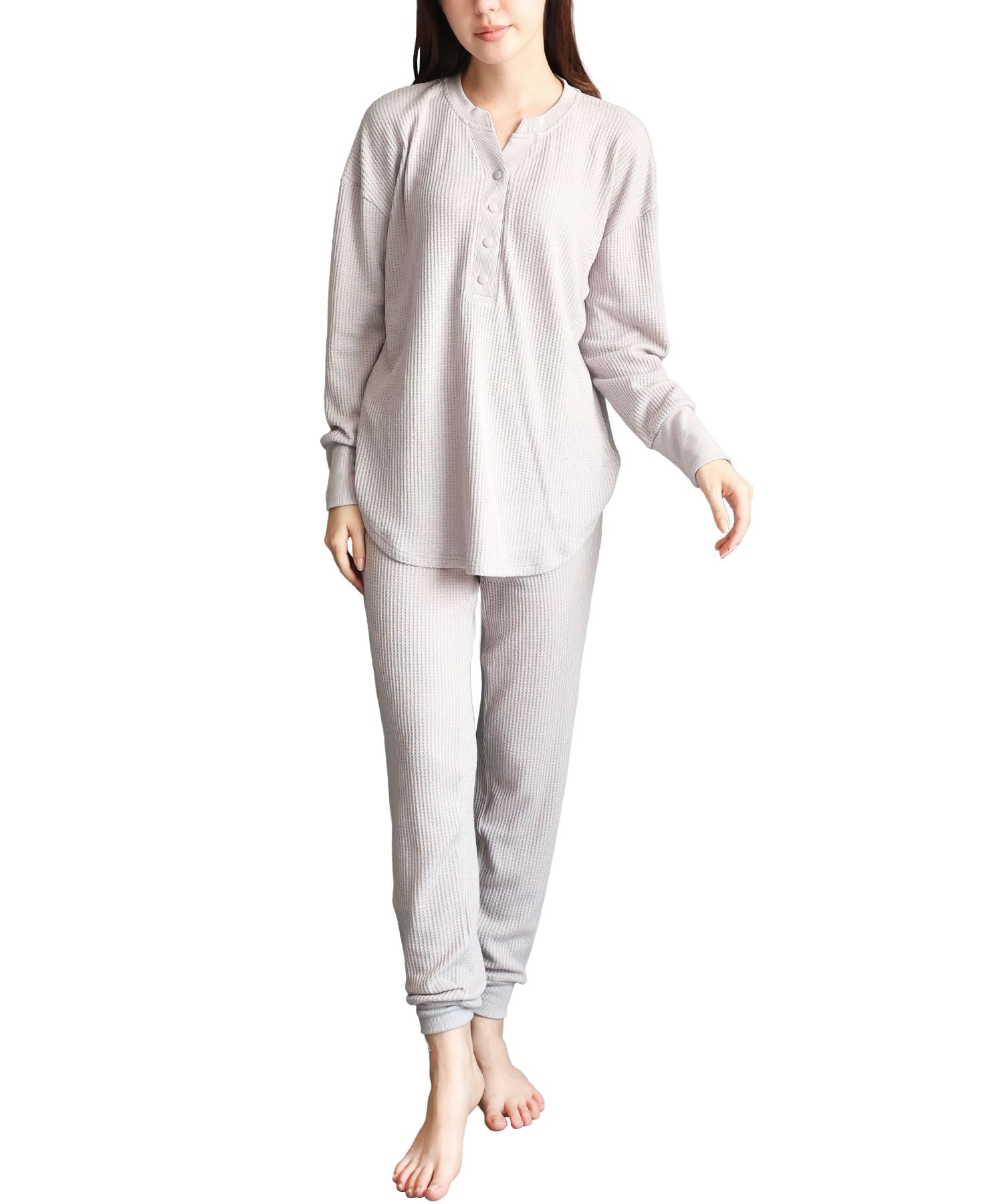 

ON NISHIKI Long Sleeve Pajamas with Belly Top and Bottom Waffle Henley Long Loungewear Women s Wrap, Set, Spring/Autumn, Fabric, Stretch,