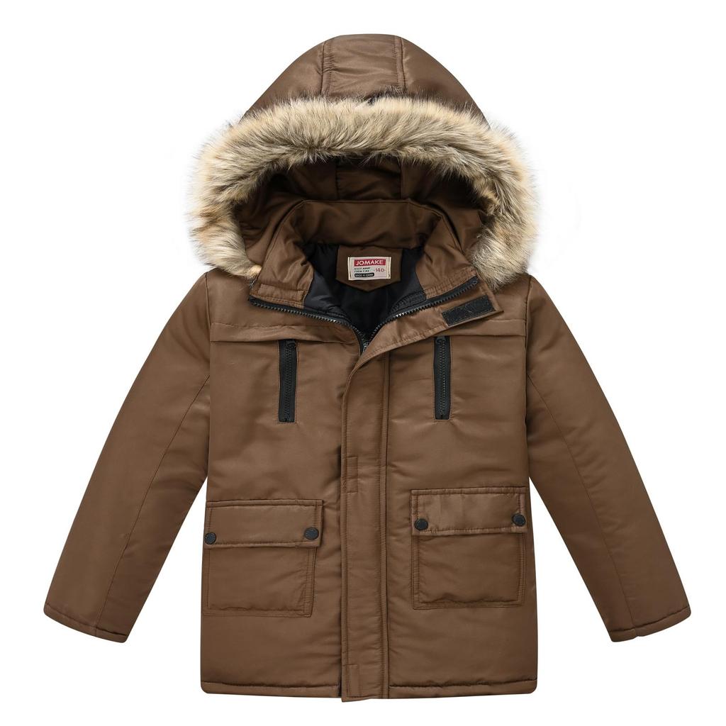 Middle and Big Children's Cotton Jacket Solid Color Thickened Warm Rushing Jacket Boys and Girls Hair Collar Removable Hooded Jacket