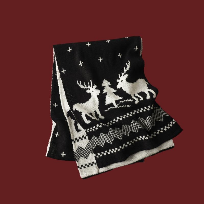 Versatile Christmas Knitted Wool Red Scarf Deer Elk Print Snowflake Warm Personality Couple Scarf Student
