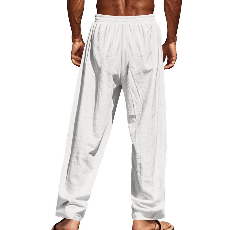Men's Casual American Style Solid Linen Drawstring Button Straight Leg Pants for Spring and Autumn