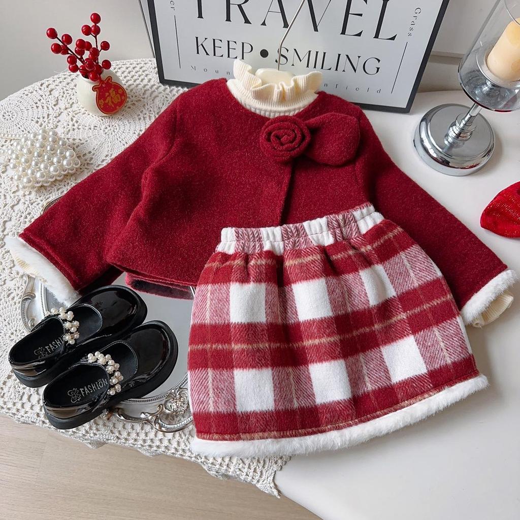 Girls' Winter Chinese Style Frayed Edge Coat & Skirt Two-Piece Set