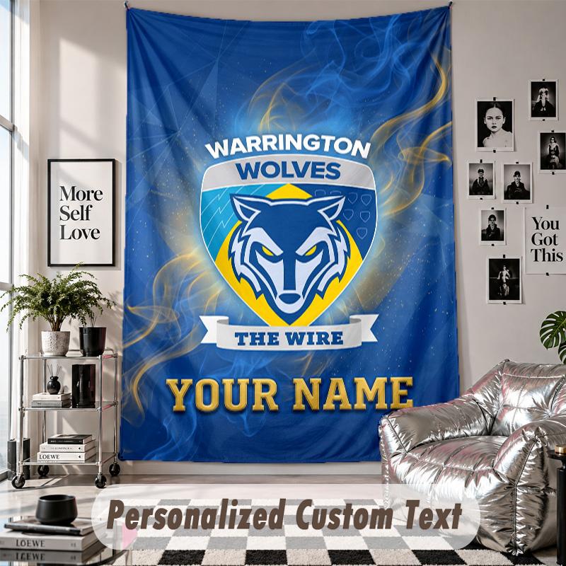 Wall Hanging Tapestry With Custom Name & Text, Warrington Wolves Decorative Tapestry For Bedroom