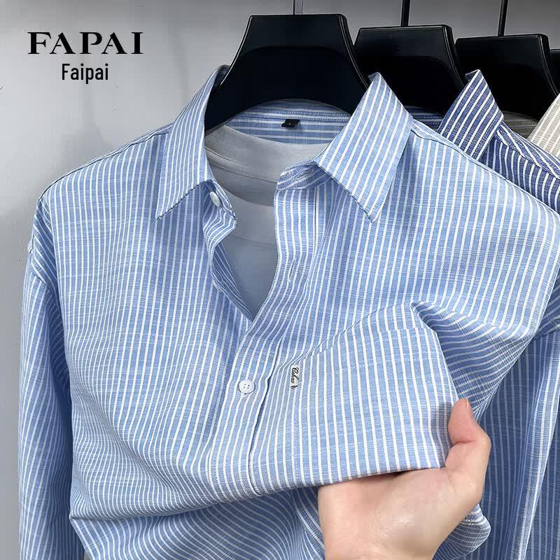 FAPAI Men's Striped Cotton Linen Blend Long Sleeve Shirt