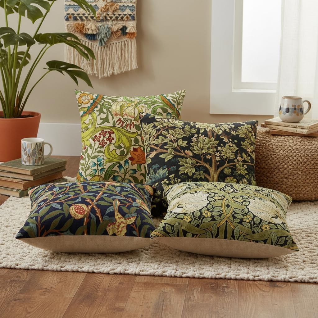 Maximalist Throw Pillow Covers Set of 4 Vintage Floral Decorative Cushion Covers 18x18 Inch Linen Boho Outdoor Pillow Cases for Couch, Living Room