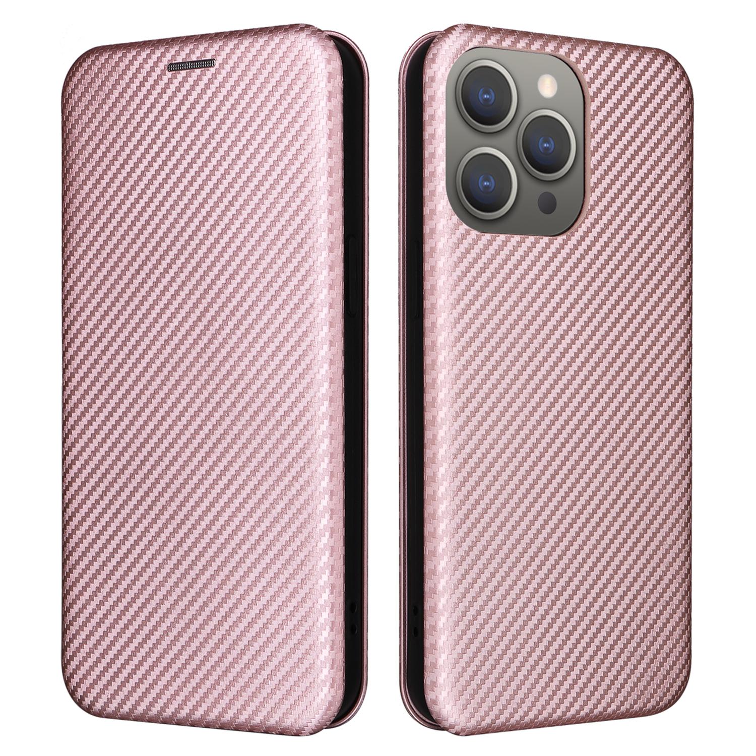 

PU Leather Card Holder Phone Case for iPhone 15 Pro,Carbon Fiber Texture Stand Cover Rose Gold