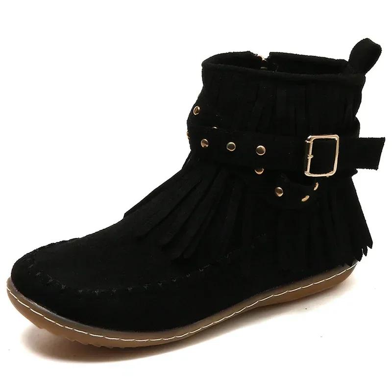 Bohemian Style Tassels Ankle Boots Women Retro Faux Suede Buckle Strap Short Boots Woman Plus Size 43 Flat Heels Western Botas