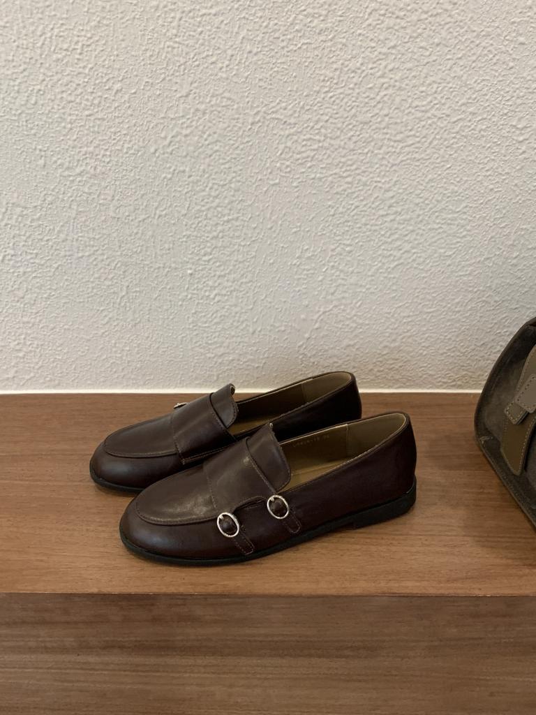 2025 new retro double buckle with loafers women's British style round head small leather shoes one pedal low heel commuter shoes