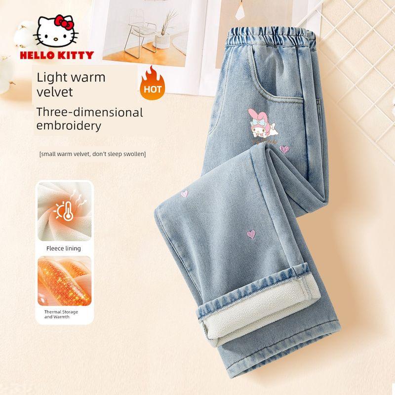 Hellokitty Girls' Fleece-Lined Pants 2025 New Children's Jeans Thickened with Integrated Fleece for Older Girls Winter Wear