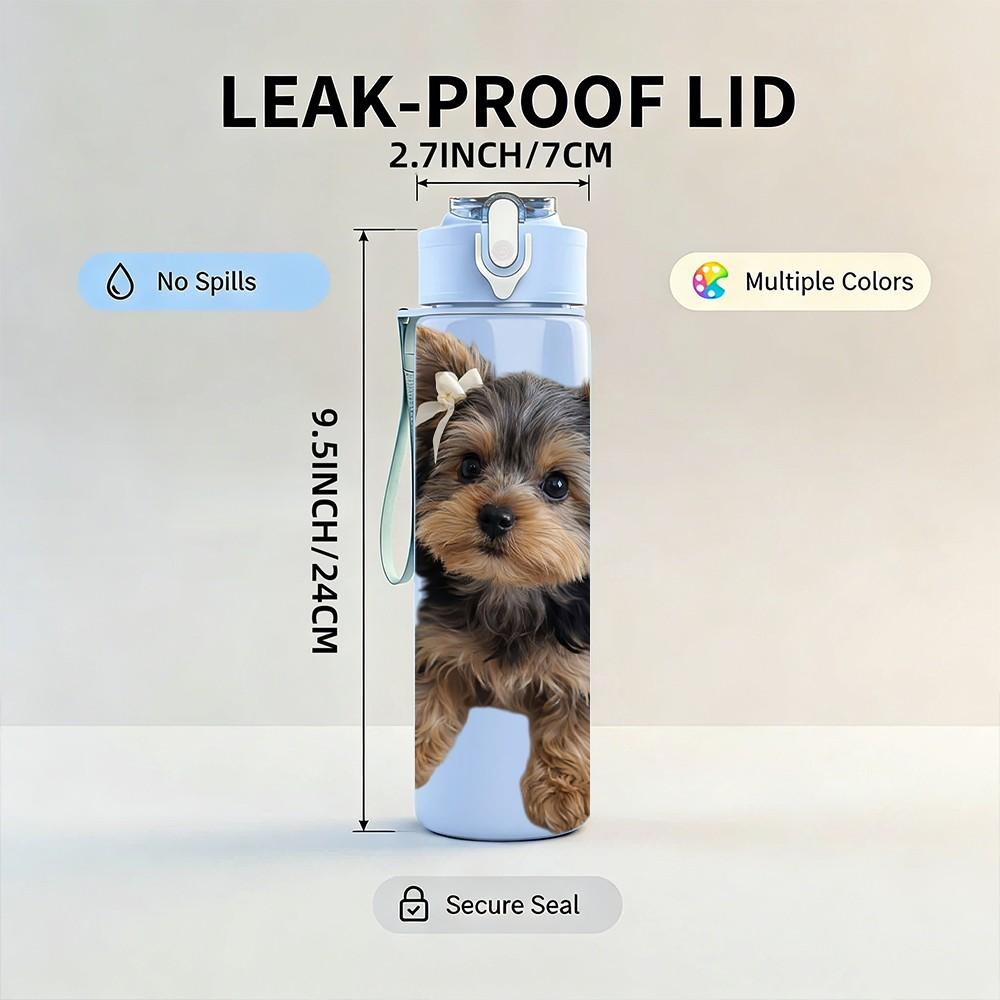 1PC Fluffy Faced Yorkie Puppy 750ml Color Plastic Sports Water Bottle Leakproof Flip Straw Lid Suitable for Sports Office Home Use