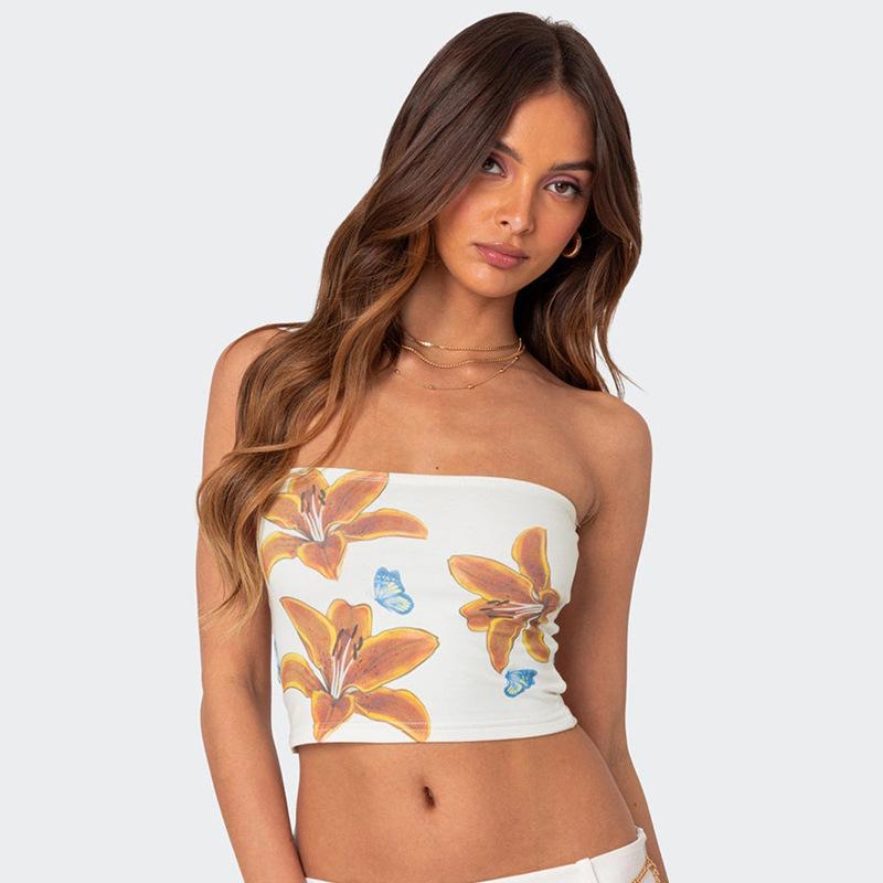 Floral Bow Print Sleeveless Chest-wrapped Mini Vest
