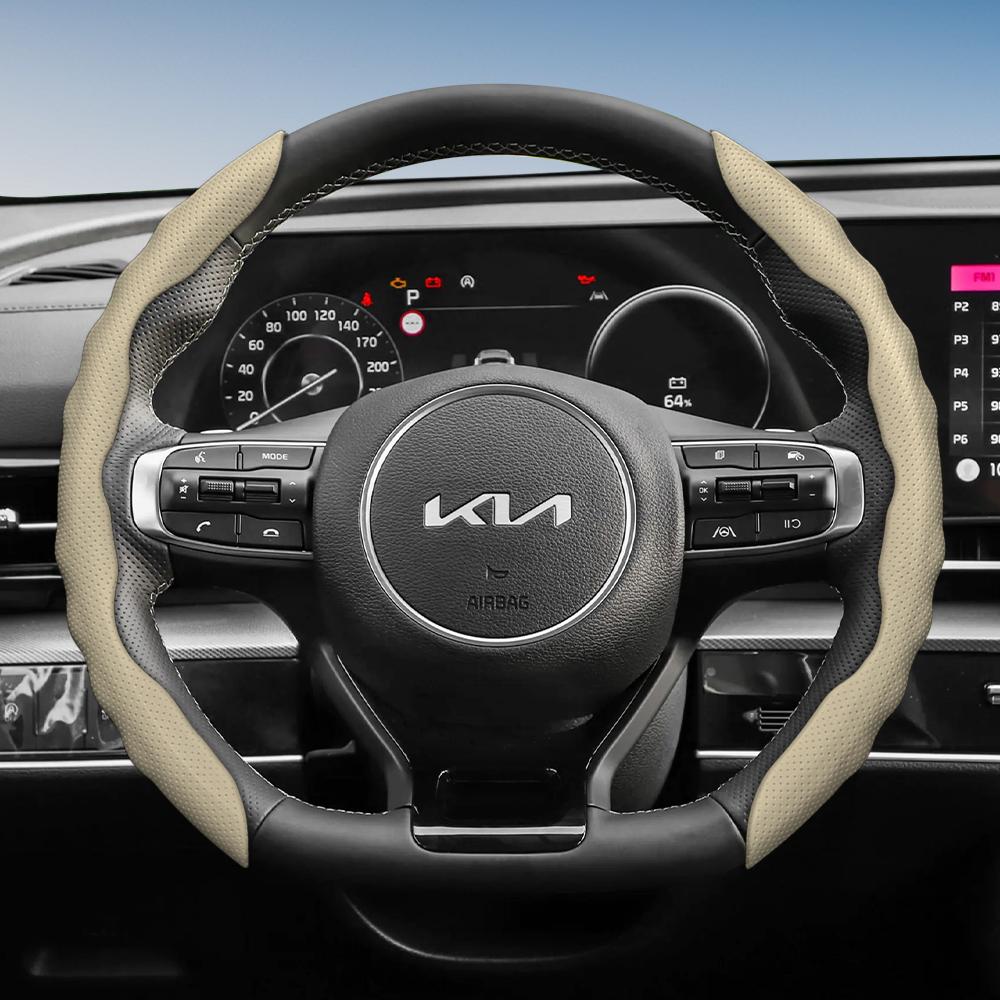 Suitable for Kia Steering Wheel Cover with Wavy Sports Design, Breathable Leather, Segmented Anti-Slip, Sweat-Absorbing Protective Cover for Ceed,