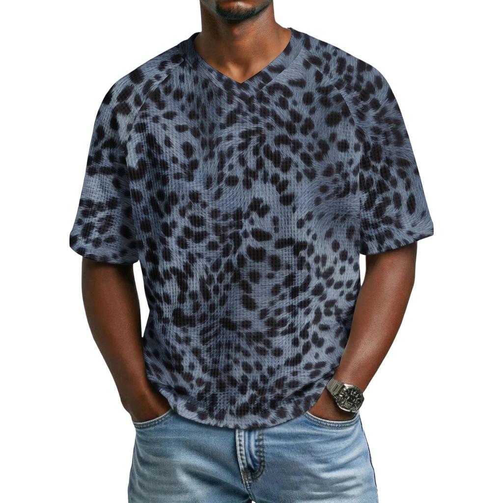 Herren T-Shirt mit Leopardenmuster, Atmungsaktives V-Ausschnitt Kurzarm Oberteil für Herren, Lässiges Mode Sommer T-Shirt