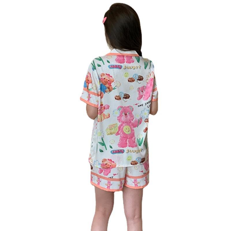 Pajamas Women's Summer Ice Silk Short Sleeve Shorts Two-piece Set Women's Summer Fashion Cartoon Bear Loungewear Set 1011
