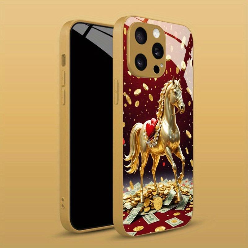 Golden Horse Coins Pattern Gold Metallic Paint Glass Phone Case For iPhone 17 Pro Max 11 12 13 14 15 16 Plus 17 Air 16E Cover