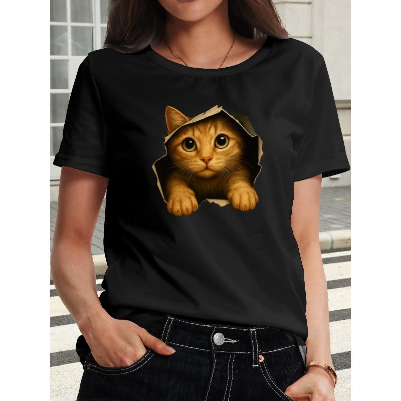 

Women Cute Peeking Orange Cat Print T-Shirt Round Neck Short Sleeve Spring Summer Autumn Pet Lover Casual Stretchy Machine-Washable Top 4XL чорний