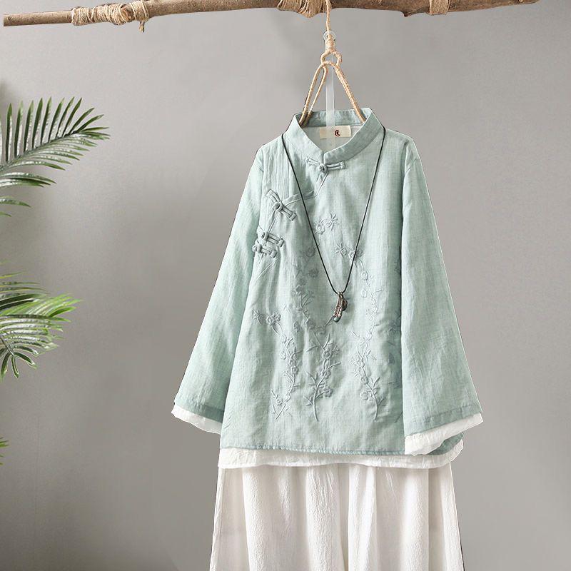 

Women s Retro Embroidered Frog Button Linen-Cotton Shirt - Spring 2025 Zen Tea Ceremony Top 4XL зелений