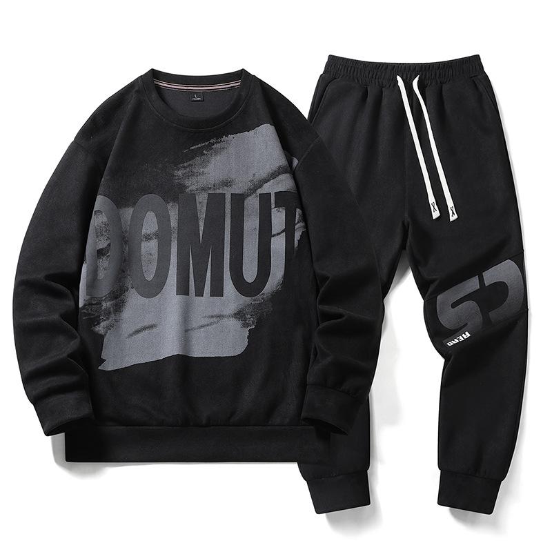 Eğlence Spor Takım Elbise Erkek İlkbahar ve Sonbahar Yuvarlak Boyun Kazak Gevşek İki Parçalı Set