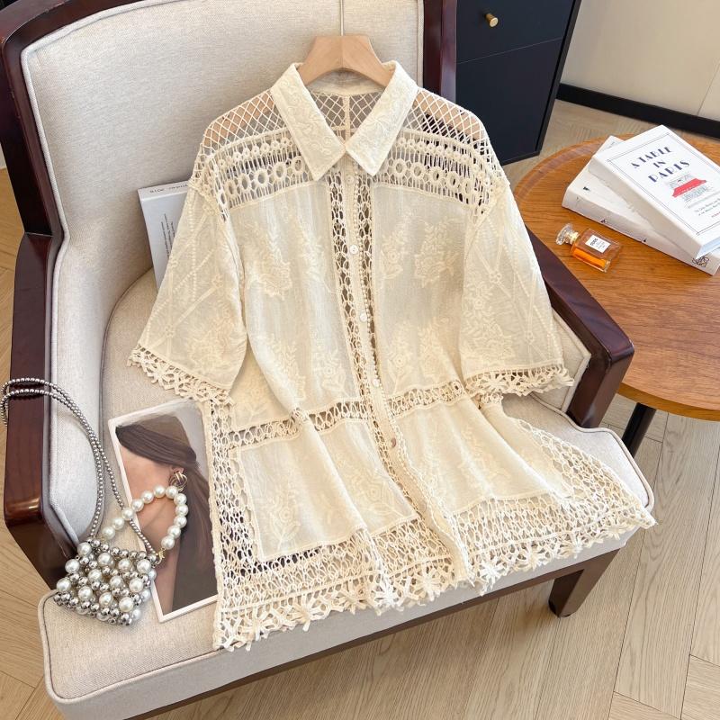 DIMANAF 2025 New Summer Buttons Shirt Women Lace Blouse Embroidery Short Sleeve Fashion Tops Tees Casual Loose Tees