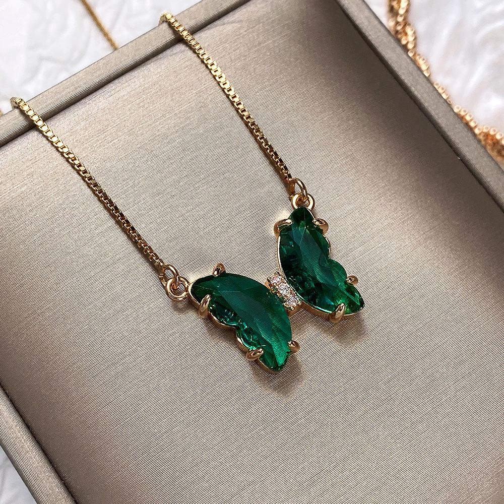 Dream Crystal Butterfly Necklace Gradual Change Glass Colored Treasure Pendant Collarbone Chain Female