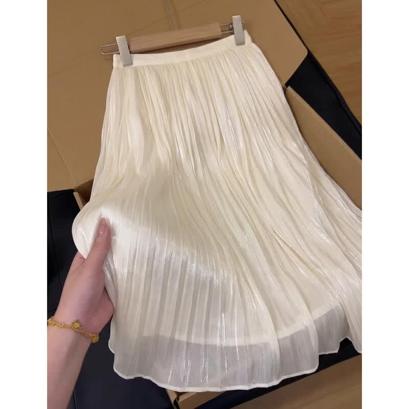 Women s Elegant Pearl Yarn Pleated A-Line Skirt M