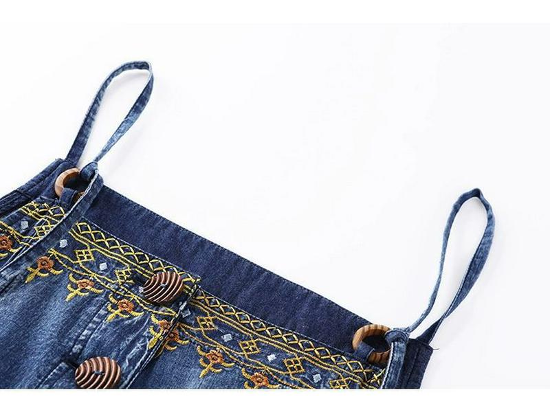 Ethnic Embroidered Denim Strappy Maxi Dress - Slimming Ankle-Length Style