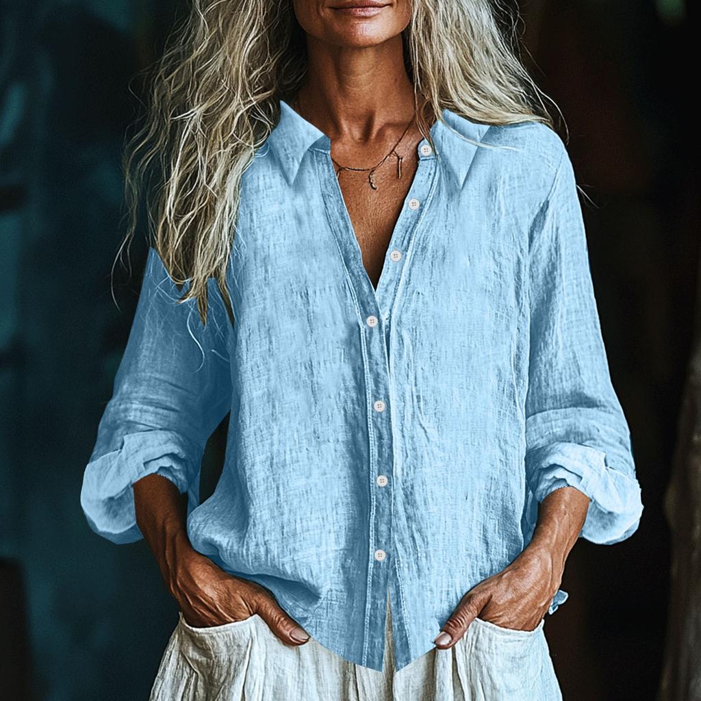 Women's Fashionable And Casual Solid-color Long-sleeved Cotton And Linen Shirt Top