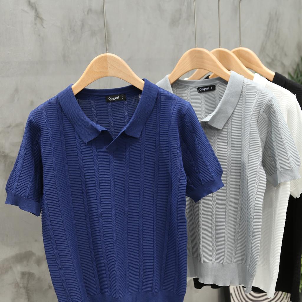 Summer Men's Business Casual Lapel Short Sleeve Knitted Solid Color POLO Shirt