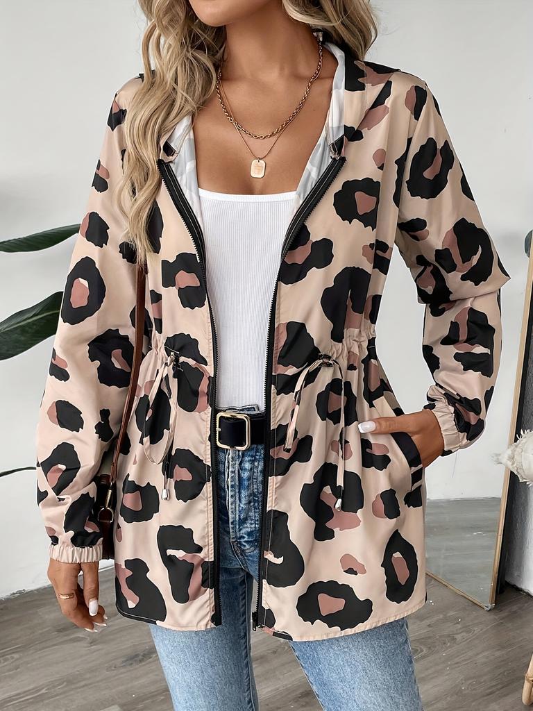 Women'S Casual Leopard Print Zip-Up Jacket - 100% Polyester Hooded Midi Length with Long Sleeves for Spring/Fall