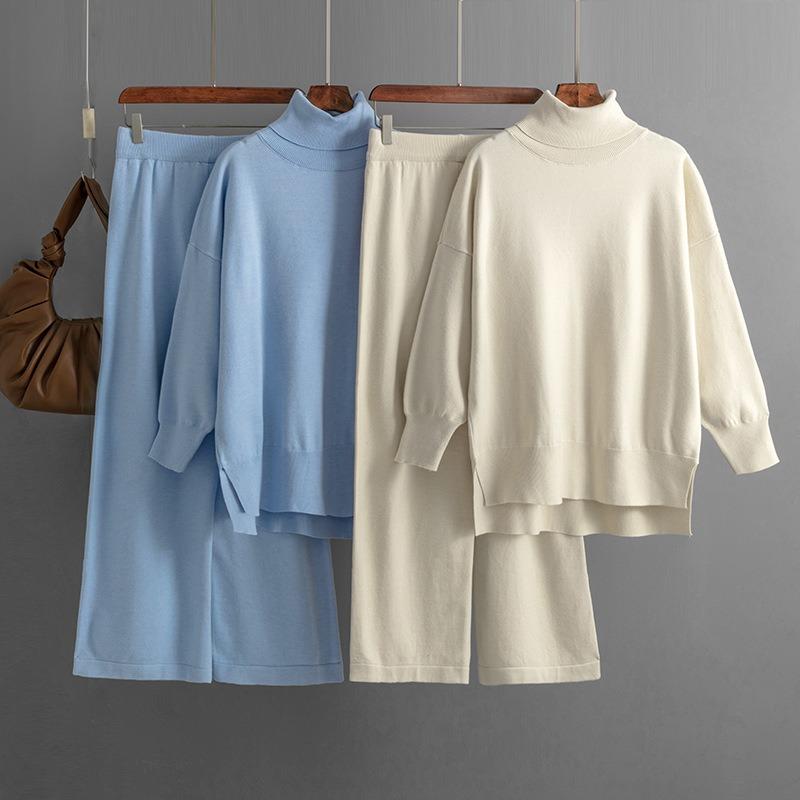 Turtleneck sweater set autumn and winter women's solid color slit sweater loose casual knitting two-piece set