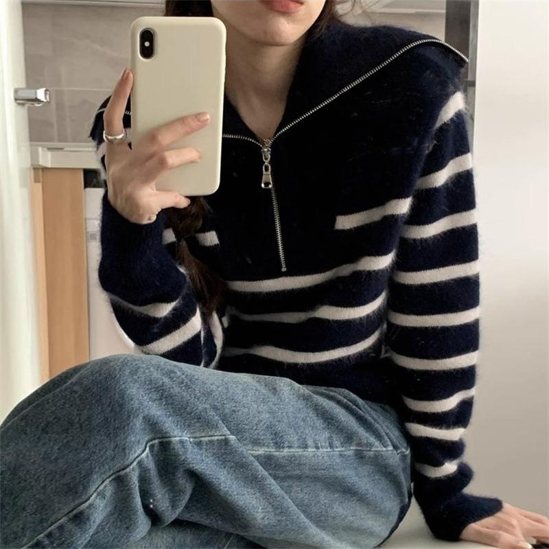 

Striped pullover sweater women s blouse autumn new college style lapel loose and thin knitted sweater top women One size темно-синий