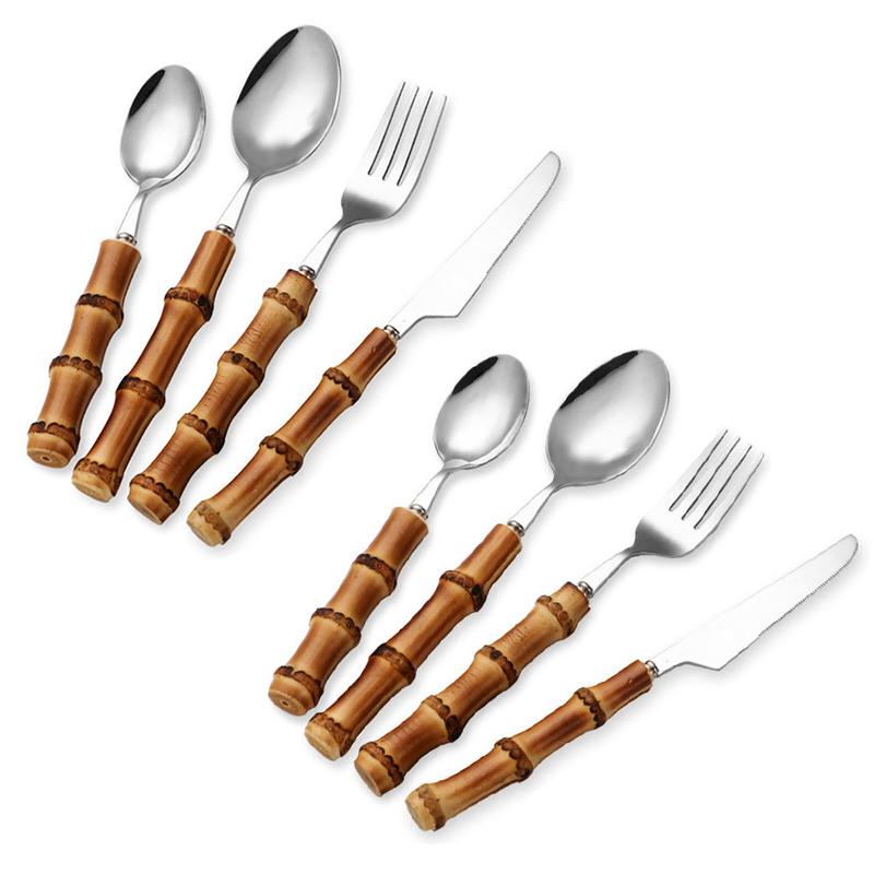 8/16/24pcs Creative Bamboo Cutlery Sets 304 Stainless Steel Steak Cutlery Tableware set Spoon and Fork Kitchen Dining Bar