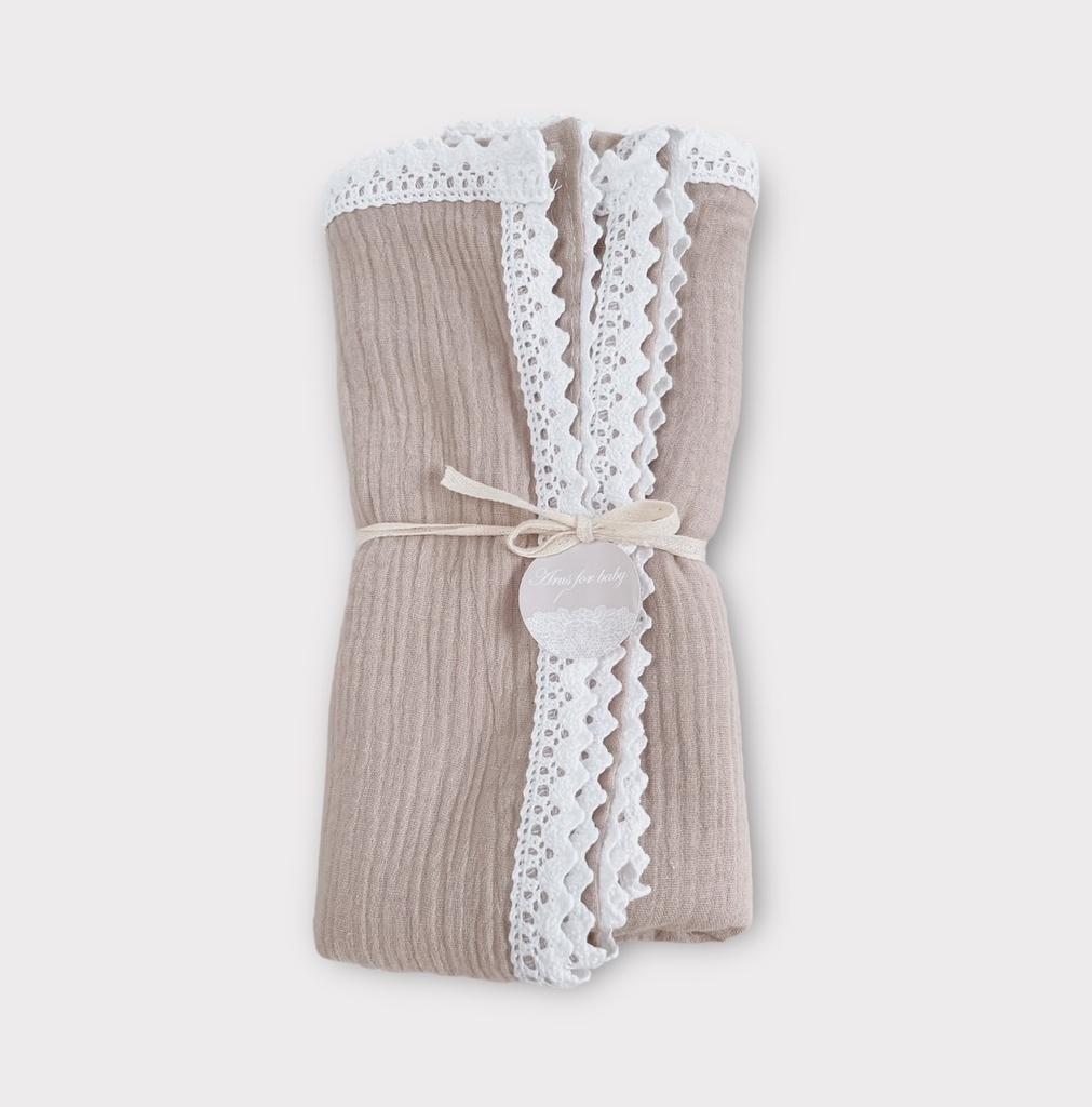 Muslin Blanket 100x75 with Lace, Pastel Beige