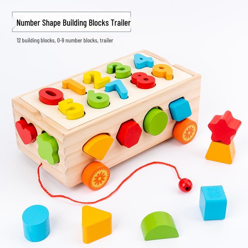 Kids' Wooden Geometric Shape Puzzle & Educational Toy Car with Orchard Picking, Carrot Pulling, and Fishing Game