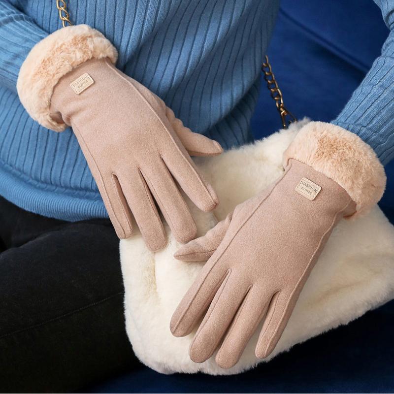 Luvas Quentes de Camurça Outono Inverno Mais Veludo Espessado Pelúcia Decorativa Punho Luvas Outdoor À Prova de Frio Touchscreen Ciclismo Esqui