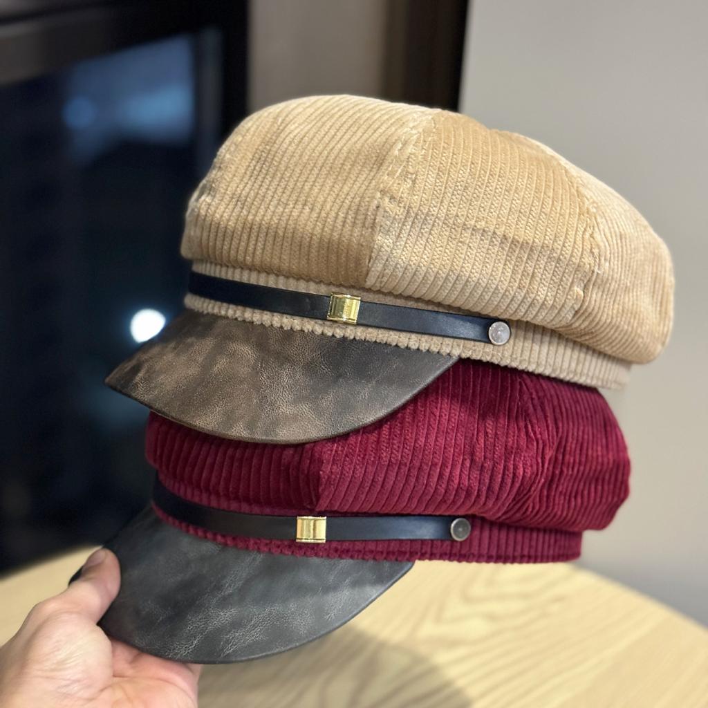 New Retro Pu Leather Stitching Wide Brim Octagonal Hat for Women Spring and Autumn Korean Version Casual Versatile Corduroy Painter Hat