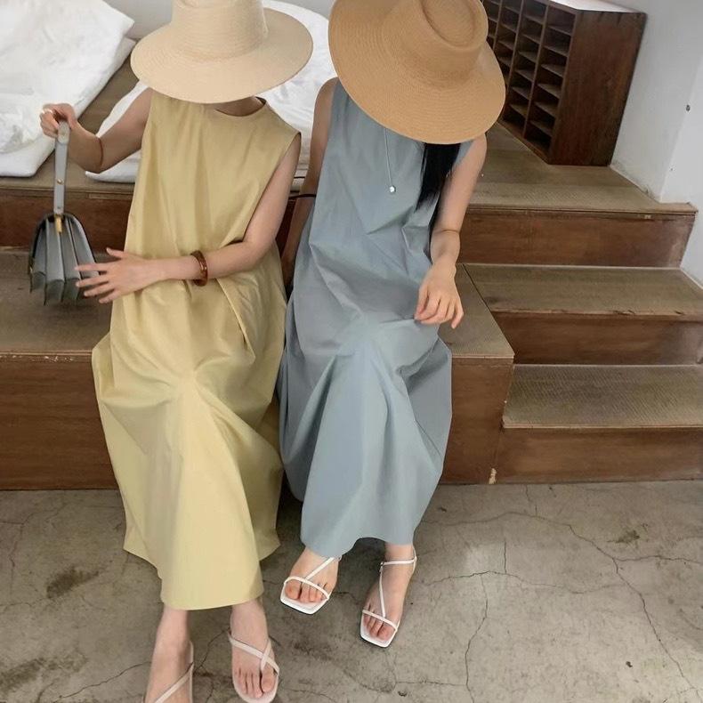 

Korean chic summer simple temperament round neck solid color loose casual knee long sleeveless vest dress women M синий