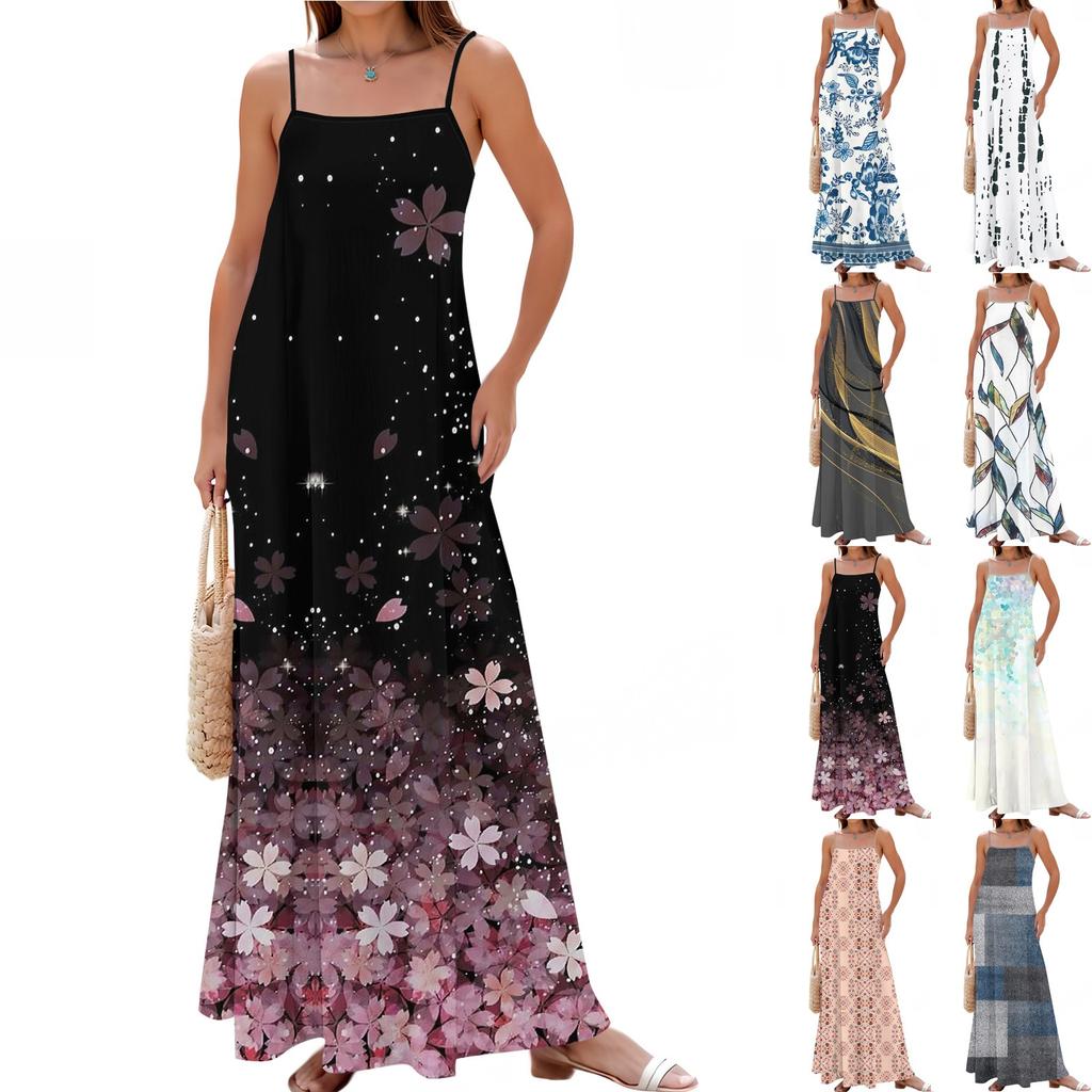 Women's Summer Casual Fashion Adjustable Suspenders Printed Long Dress