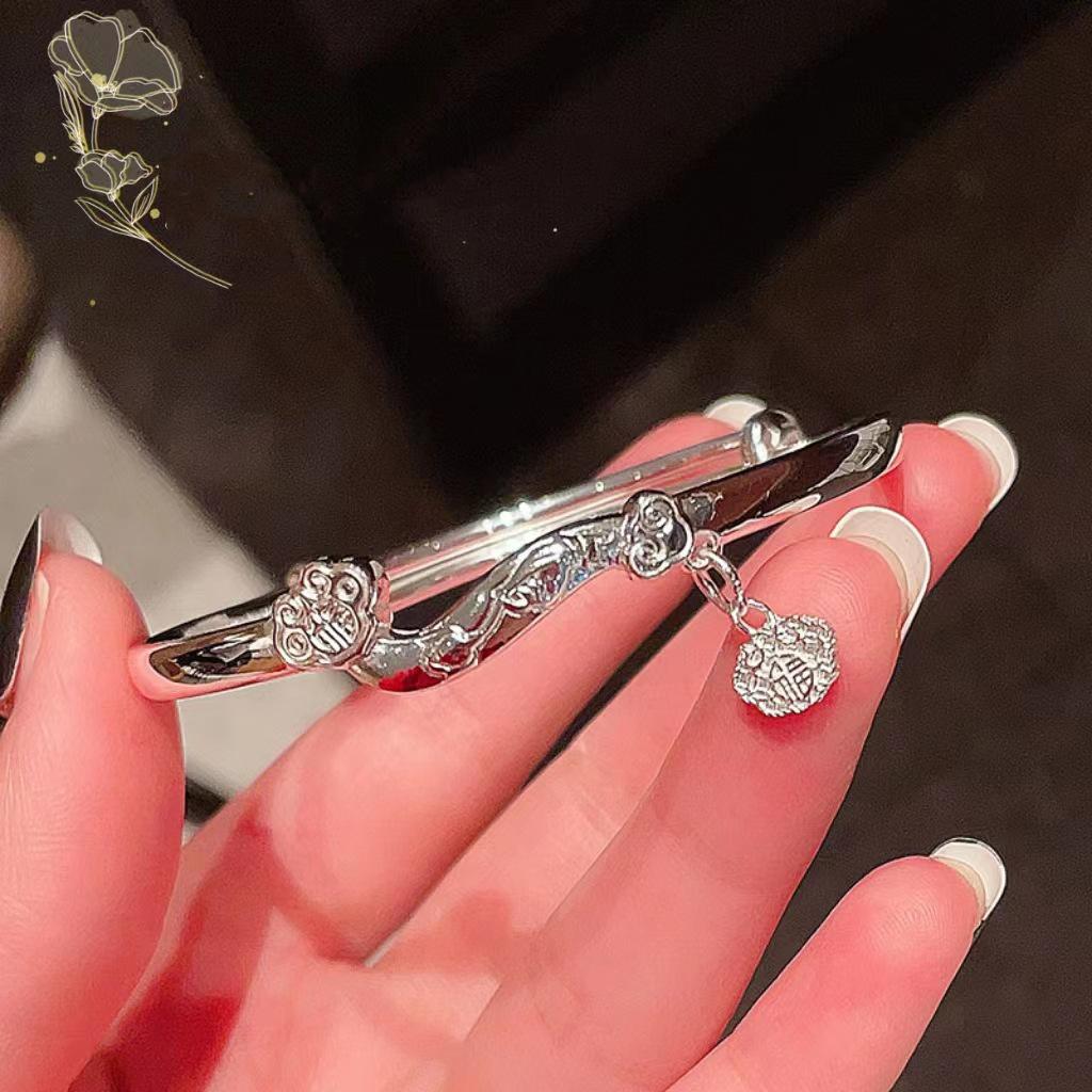 Silver 925 Ruyi Buddha Hand Lotus Flower Bracelet for Women Fashion Chinese Style Fu Character Pullable Bangles Wedding Jewelry