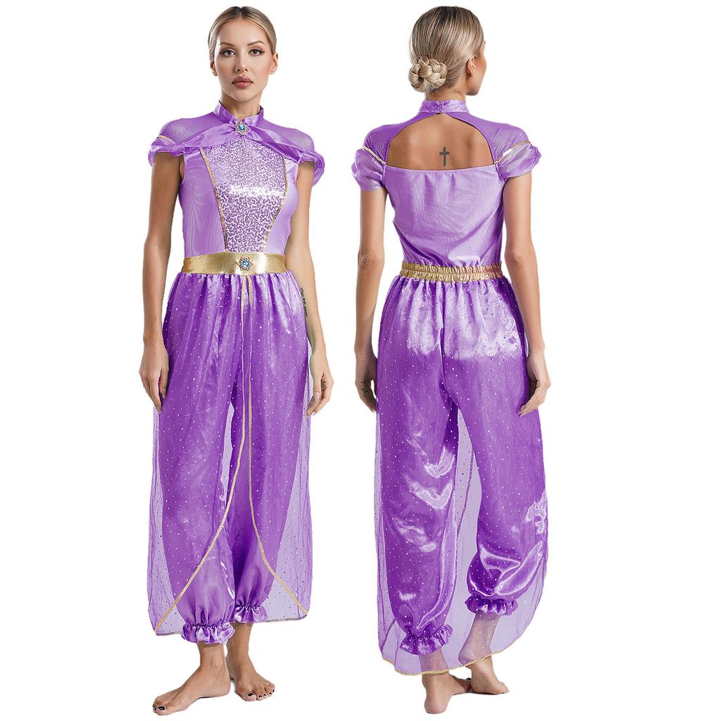 S-4XL Arabische Prinses Jumpsuit voor Dames Halloween Kostuum, Romper met Edelstenen & Pailletten Overlay voor Buikdans & Themafeest