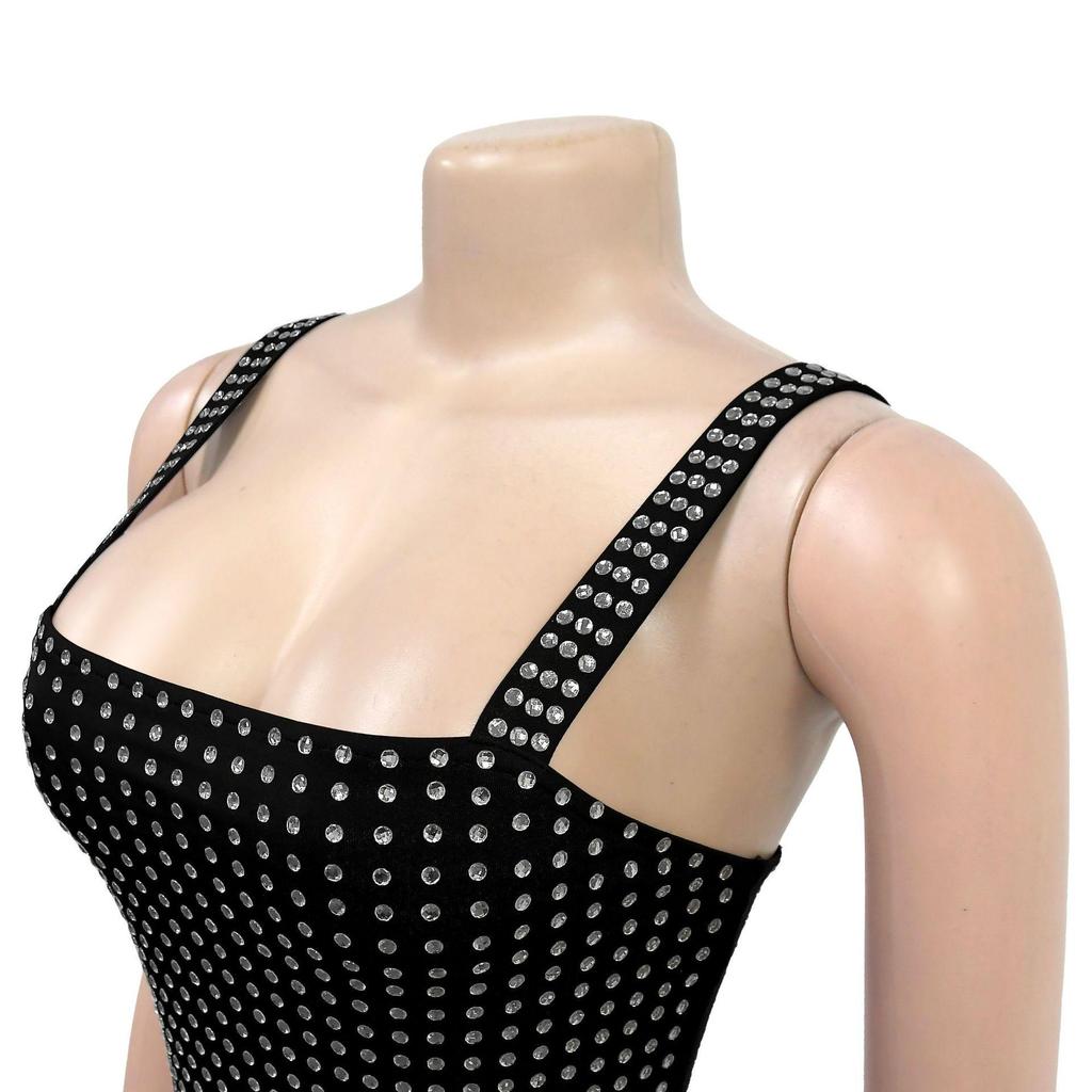 C7197 Women's Sexy Spaghetti Strap Bodycon Mini Dress with Hot Drill Details