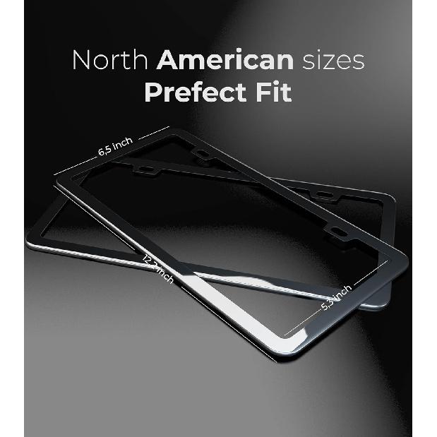 Black With Chrome Finish License Plate Frame - Stainless Steel Metal Frame With Screw Caps, 2 Pack (Chrome Black(Mirror Finish))