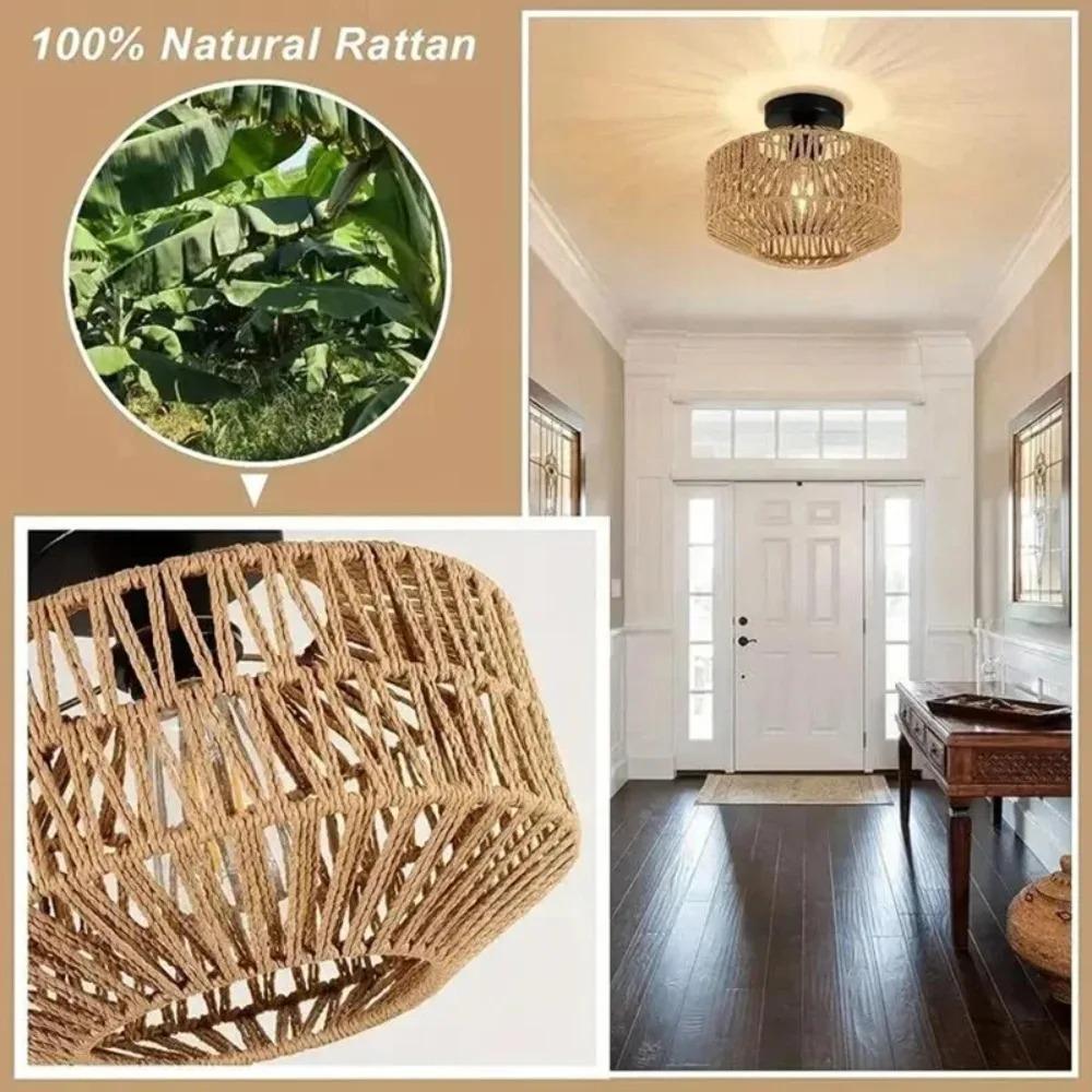 Black French Farmhouse Retro Chandelier Handmde Straw Jute Shade Iron Frame Rustic Ceiling Lighting for Bedroom Living Room