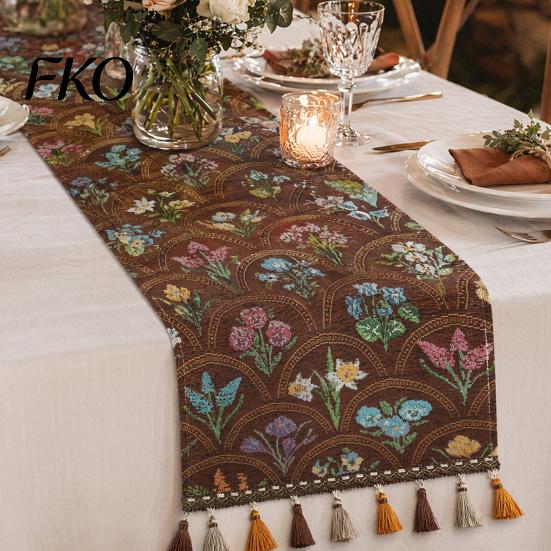 Decorative Table Runner Jacquard Floral Runner, Vintage with Tassel Edges, Farmhouse for Wedding Baby Shower Dining Decor Soft