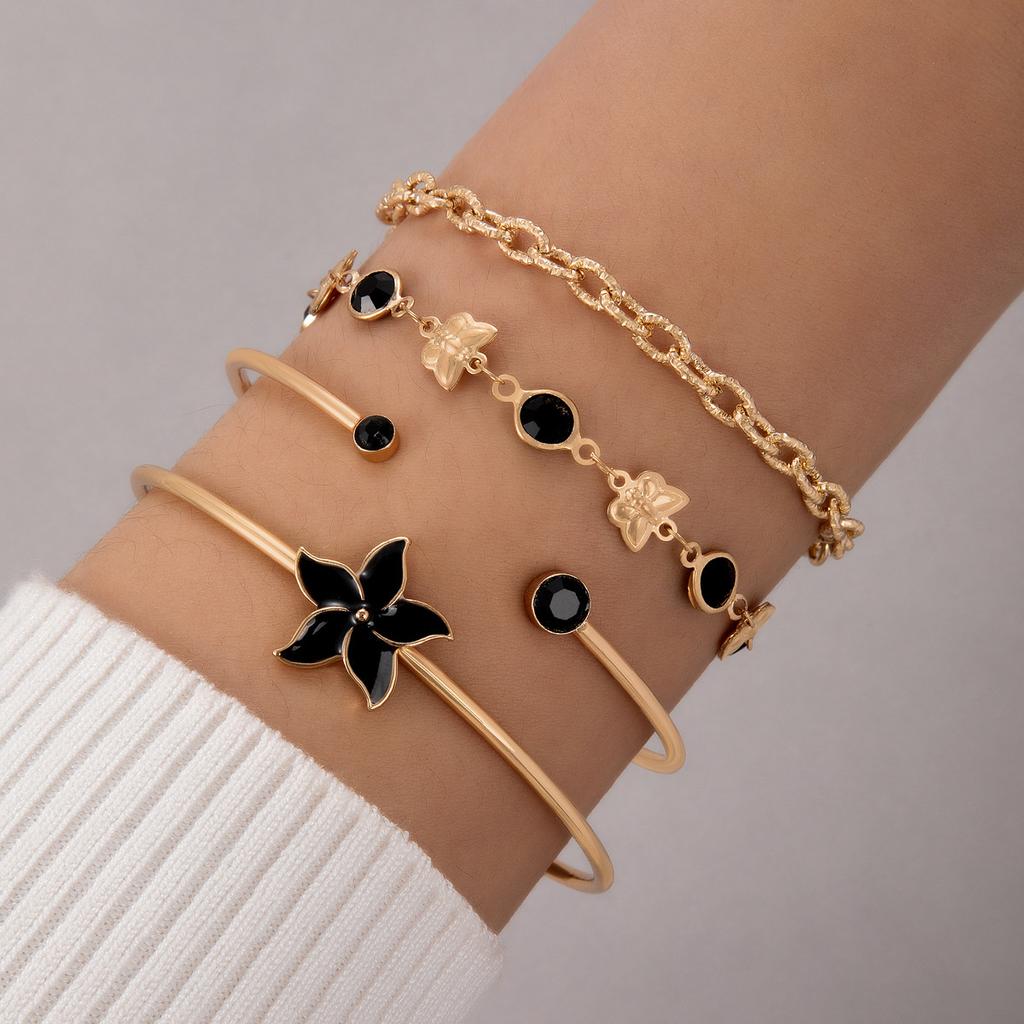 Accessories, Butterfly Imitation Gemstone Hollow Four-layer Bracelet, Geometric Opening Four-piece Bracelet Set