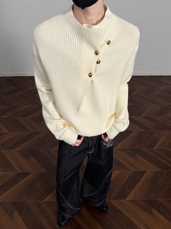 Hoge Hals Trui voor Mannen in Koreaanse Stijl met Onregelmatig Knopenontwerp - Trendy, Cool, Casual Gebreide Top
