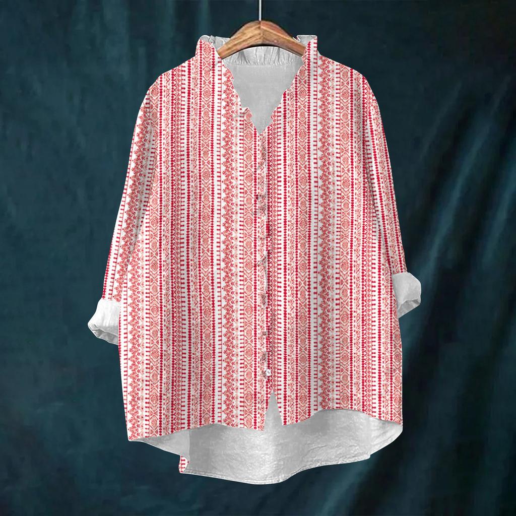 Women's Loose Ruffled Retro Floral Print Stand Collar Long Sleeve Cotton And Linen Top